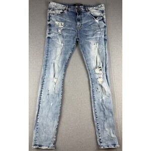 AKOO Mens Distressed Paint Splatter Skinny Jeans Blue Denim Size 36 Streetwear